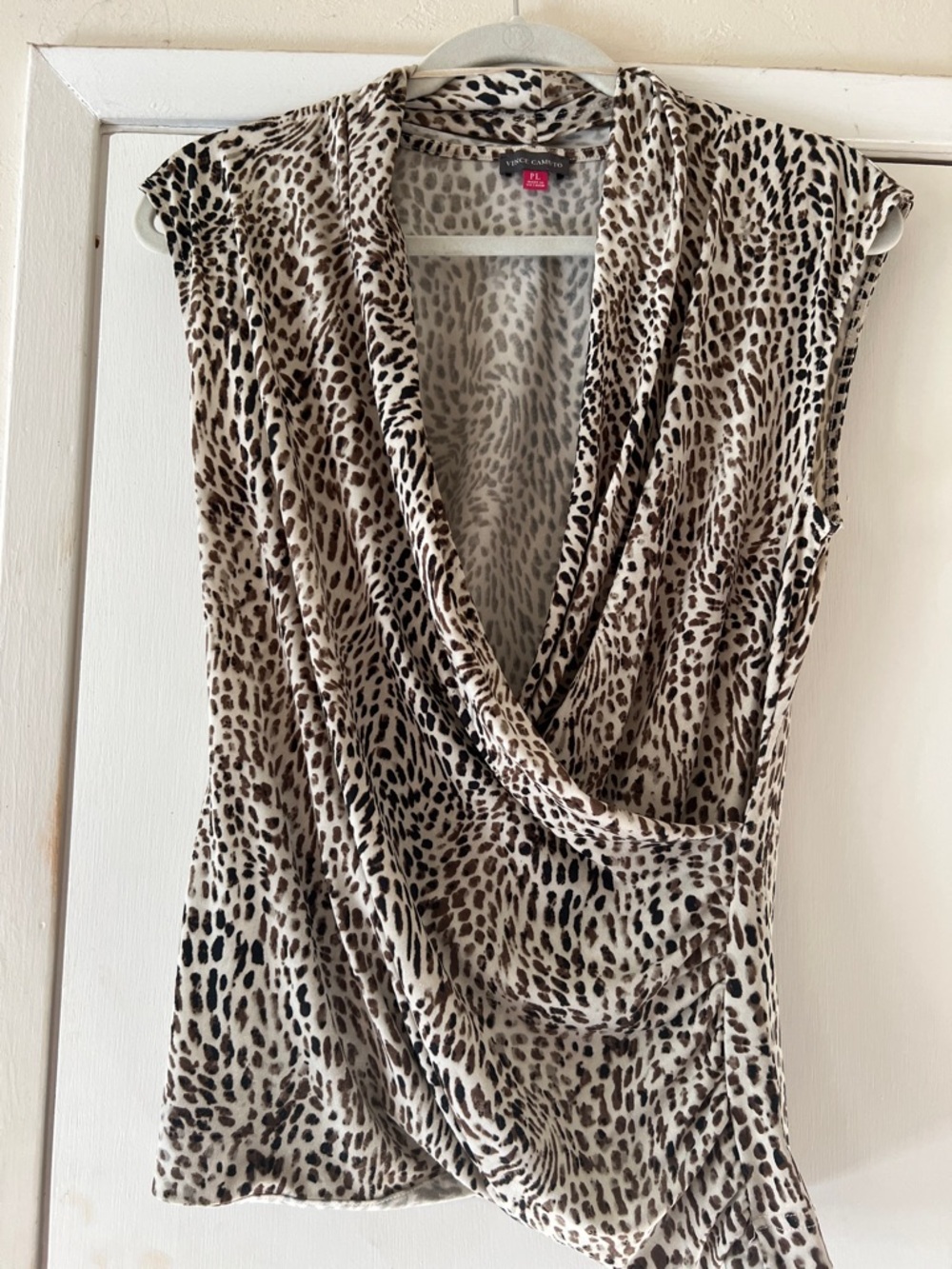 Vince Camuto City Studio Beige and Black Leopard Drape-Front Sleeveless Top
